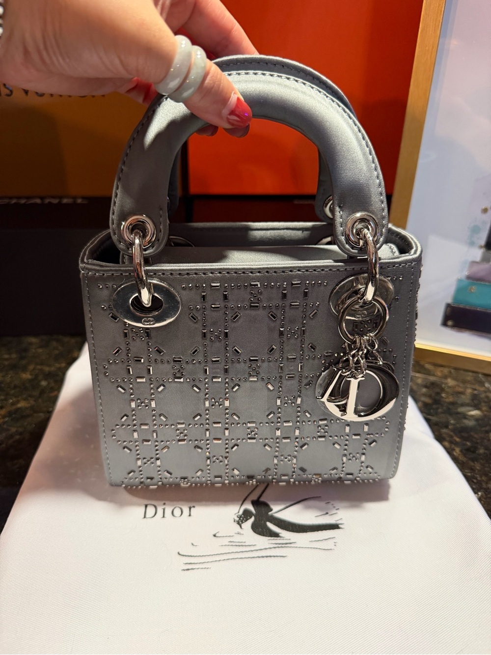 D Silver Satin Gray Mini Top-Handle Bag SHW
